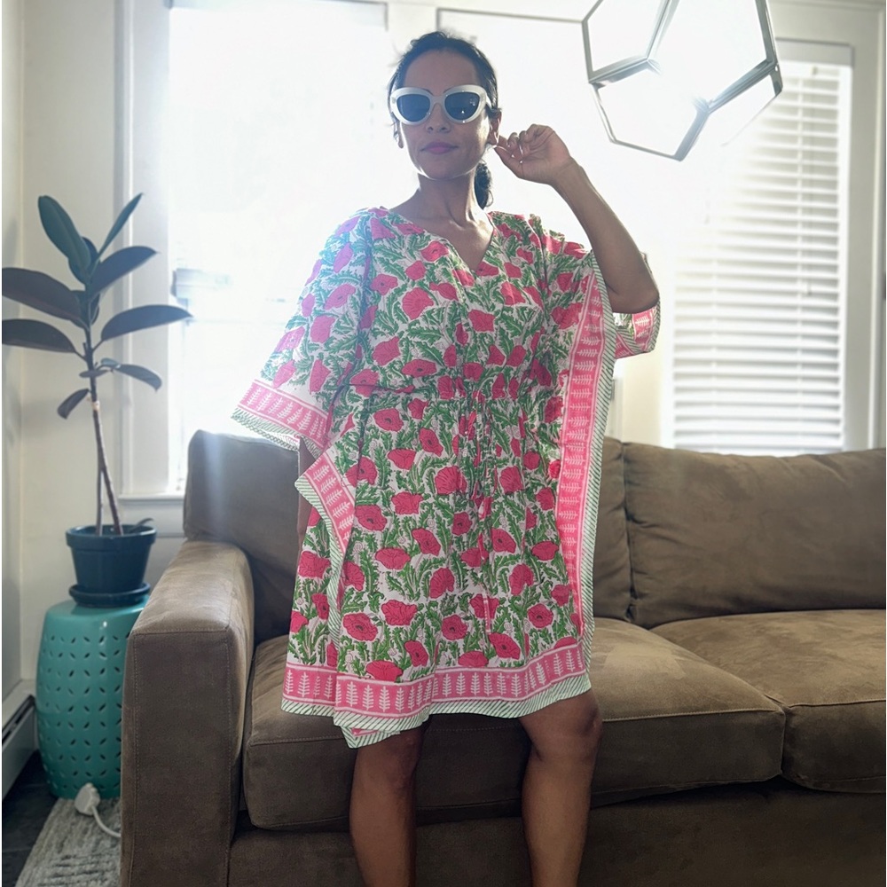 Floral hand Block Printed short Kaftan Dress Printed bohemian pink green